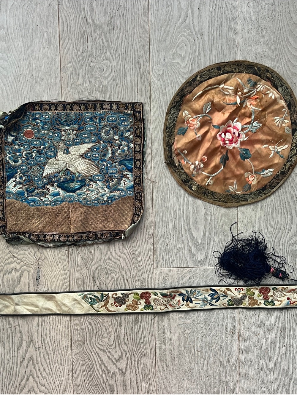 Vintage Embroidered Silk Textile Fabric Pieces 1940’s Antique Era